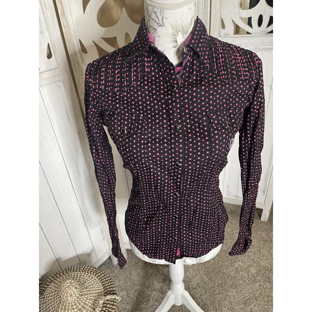 Panhandle Slim Long Sleeve Pearl Snap Top Black Pink Polka Dot Women's Small